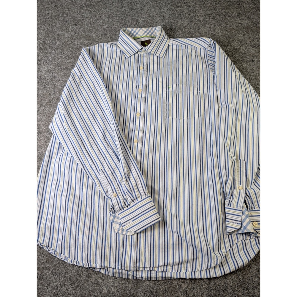 Tailorbyrd Mens XL Long Sleeve Button Down Shirt Blue Yellow Striped Cotton EUC
